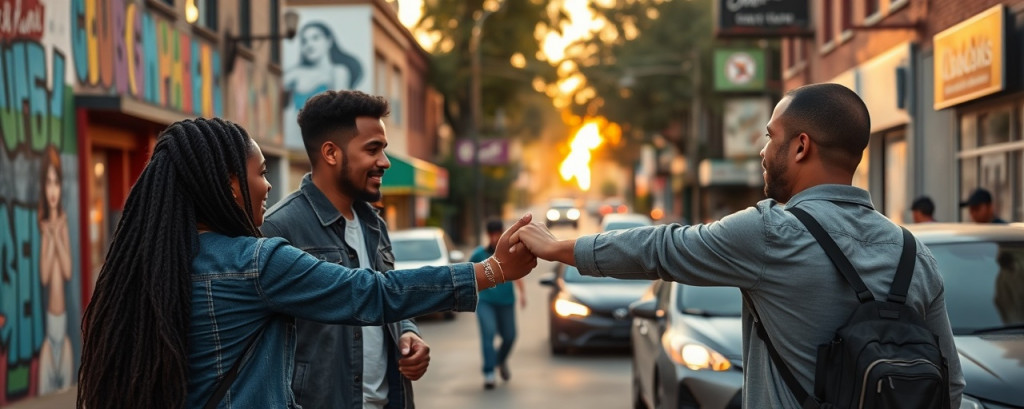 diverse community partnership, united expression, joining hands in agreement, photorealistic, urban neighborhood street with murals and local shops, highly detailed, passing cars and pedestrians, ultra-high-definition, vibrant colors, golden hour glow, shot with a 35mm lens.