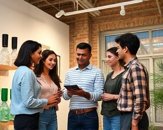 productive network team, enthusiastic expression, developing ideas, photorealistic, contemporary creative space with art installations, highly detailed, dynamic individuals in a creative session, high resolution, vibrant colors, soft spotlighting, shot with a 40mm lens.