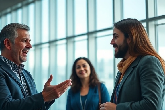 enthusiastic technology benefits, amazed expression, discussing, photorealistic, set in a futuristic office space with large windows, highly detailed, colleagues collaborating, high fidelity, cool tones, natural daylight illumination, shot with an 85mm lens.