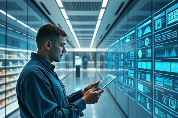 modern knowledge center, focused, browsing digital catalogs, photorealistic, sleek glass walls and digital interfaces, highly detailed, interactive holograms displayed, 4K resolution, cool blues and silvers, overhead LED lighting, shot with an ultra-wide angle lens