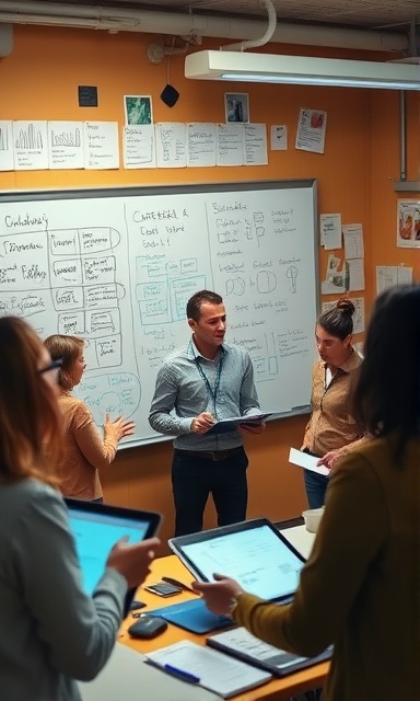 cutting-edge technology innovation, focused expression, brainstorming, photorealistic, in a creative workspace with whiteboards and tablets, highly detailed, notes and sketches everywhere, sharp focus, warm tones, overhead lighting, shot with a 35mm lens.