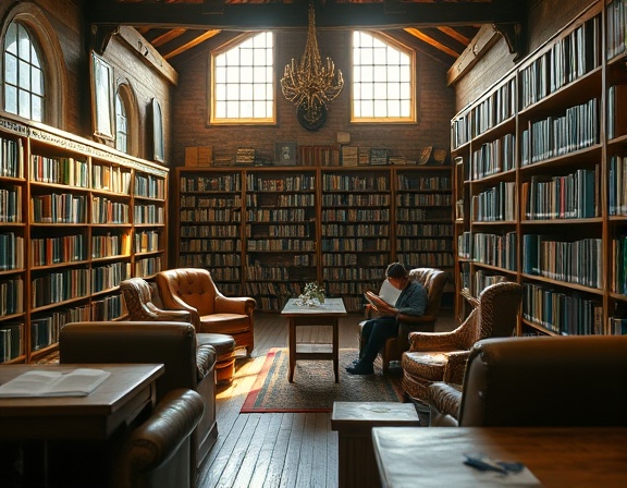 rustic resource library, peaceful, taking notes from an encyclopedia, photorealistic, cozy interior with leather chairs and wooden tables, highly detailed, sunlight streaming through windows, HDR image, warm browns and greens, natural light, shot with a 35mm lens