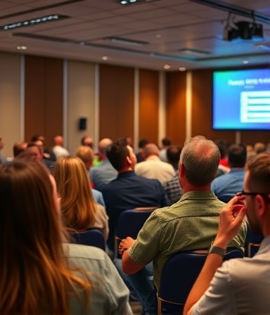 engaging audience engagement, interactive expression, participating, photorealistic, inside a digital marketing seminar with projectors, highly detailed, active participation, high definition, primary colors, directional lighting, shot with a 24mm lens.