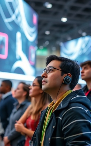 captivating technology audience, intrigued expression, observing, photorealistic, in a tech exhibition hall with innovative displays, highly detailed, virtual demonstrations occurring, ultra-realistic, vivid imagery, spotlight lighting, shot with a 70-200mm lens.