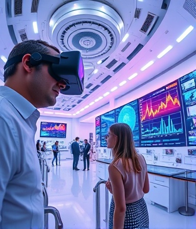 futuristic knowledge hub, curious, researching with VR headsets, photorealistic, digital panels and hovering screens in a bright white space, highly detailed, virtual graphs floating around, 8K resolution, vibrant neon colors, diffused LED lighting, shot with a fisheye lens