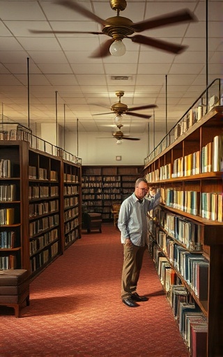 vintage library archive, nostalgic, perusing a card catalog, photorealistic, worn carpet and wooden furniture, highly detailed, ceiling fans rotating slowly above, film grain, soft pastels, dim tungsten lighting, shot with a 24mm lens