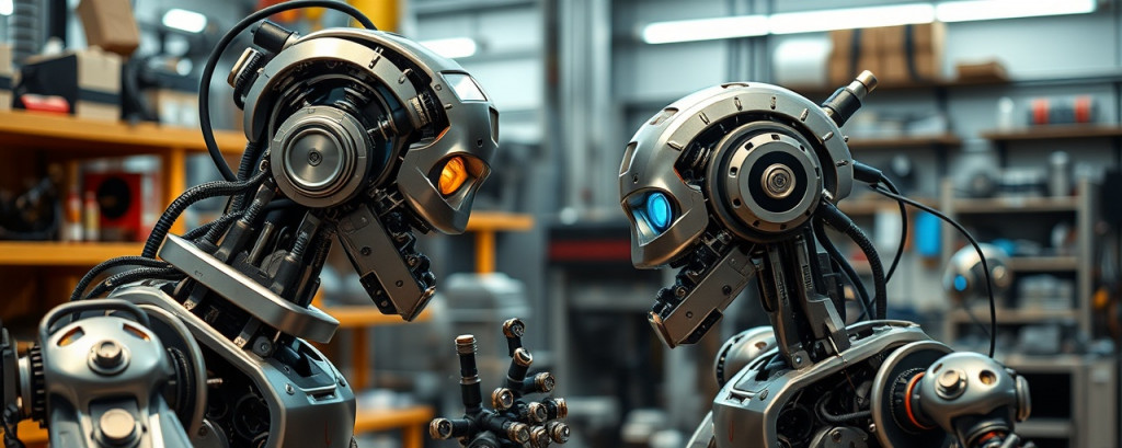 groundbreaking technology innovation, inspired expression, designing, photorealistic, at a robotics workshop with various components and tools, highly detailed, creations coming to life, very high accuracy, metallic colors, direct lighting, shot with a 28mm lens.