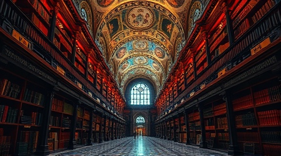 cathedral-like library collection, astonished, discovering a hidden passage, photorealistic, vast domed ceiling with ancient frescoes, highly detailed, echoes from footsteps across marble floors, panoramic view, deep reds and blues, mystical spotlighting, shot with a panoramic lens