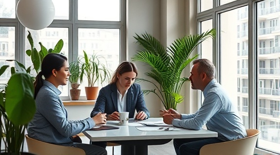 private knowledge hub, engaged, discussing ideas over coffee, photorealistic, open-plan office with minimalistic design, highly detailed, plants swaying gently by an open window, high dynamic range, neutral tones, soft natural light, shot with a prime lens
