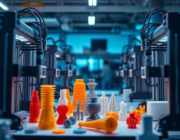 emerging technology innovation, curious, experimenting with materials, photorealistic, in a research lab with 3D printers, highly detailed, parts assembling automatically, ultra 4K, futuristic colors, industrial lighting, shot with a 50mm lens.