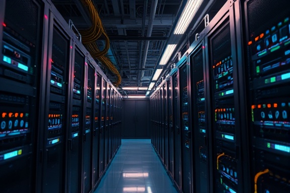 transformative technology scalability, innovative, expanding digital infrastructure, photorealistic, in a server farm with fiber optic cables, highly detailed, data streams visualized, 4K, neon accents, ambient overhead illumination, shot with a 70mm lens.