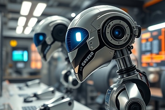 thriving technology growth, optimistic, pioneering AI and machine learning, photorealistic, advanced research lab with futuristic equipment, highly detailed, autonomous robotics in action, precise clarity, sleek chrome finish, natural daylight, shot with a macro lens.