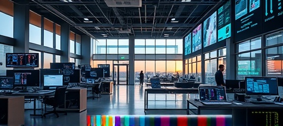 advanced technology advancement, inspiring, crafting intelligent solutions, photorealistic, open tech campus with innovative workspaces, highly detailed, collaborative digital interfaces, fine-detail render, vibrant panel displays, gentle evening light, shot with a 50mm prime lens.