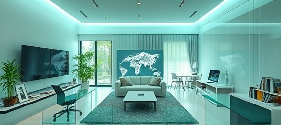 evolutionary technology transformation, progressive, leading the future of IoT, photorealistic, interconnected smart home environments, highly detailed, intelligent device synergies, ultra HD resolution, smooth transitions, cool white and green palette, shot with a telephoto lens.