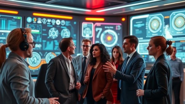 Futuristic AI interface room with diverse team using holographic displays.