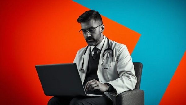 Doctor using laptop, highlighting telehealth limitations.