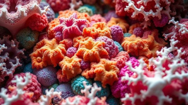 Vibrant alien coral patterns in detailed white structures.