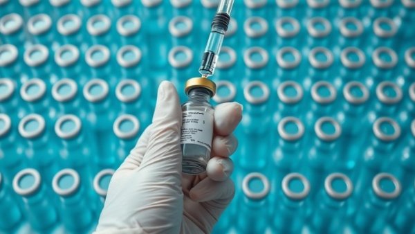 Gloved hand with syringe and vaccine vial, contrasting empty vials background.