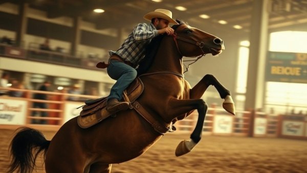 Cowboy riding a bucking horse at a rodeo, dynamic scene.