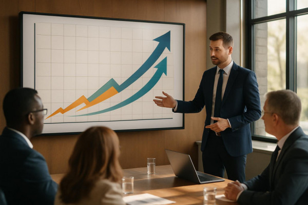 consistent growth trend, analytical, building momentum over time, photorealistic, corporate meeting room with a large interactive display, highly detailed, animated arrows illustrating upward movement, precision focus, earthy tones with splashes of color to signify growth stages, natural sunlight filtering through big windows, shot with an 85mm lens.