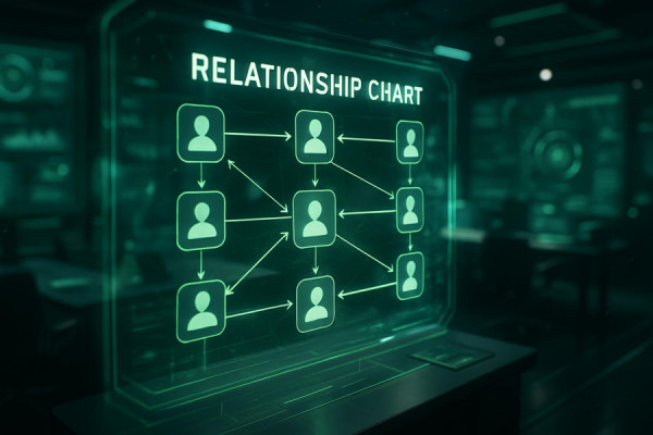 complex relationship chart, analytical, highlighting key connections with arrows, photorealistic, set in a futuristic office with holographic displays, highly detailed, dynamic animations, ultra-high-definition, green and grey scheme, spot lighting, shot with a tilt-shift lens