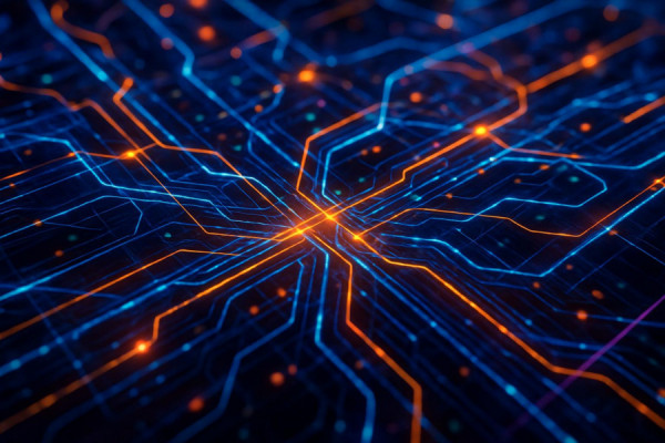 complex AI connectivity, interwoven paths, exchanging information, photorealistic, virtual space filled with glowing circuits, highly detailed, animated signals, 8K resolution, neon colors, diffused lighting, shot with a macro lens.