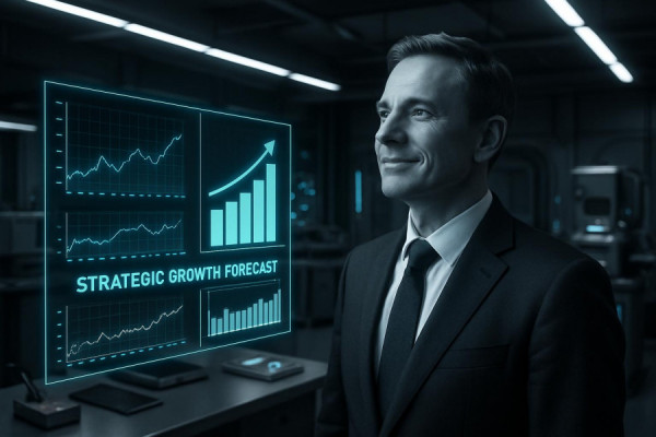 strategic growth forecast, hopeful, showing future projections, photorealistic, inside a sleek high-tech lab with futuristic devices, highly detailed, digital graphs floating in augmented reality, high-resolution clarity, monochrome with hints of future-tech colors like neon blue, overhead LED soft lighting, shot with a 35mm lens.