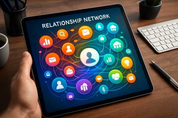 colorful relationship network, insightful, linking various elements seamlessly, photorealistic, illustrated on a digital tablet at a designer's desk, highly detailed, swirling movement, high-definition clarity, multi-color gradient, diffused lighting, shot with a wide-angle lens