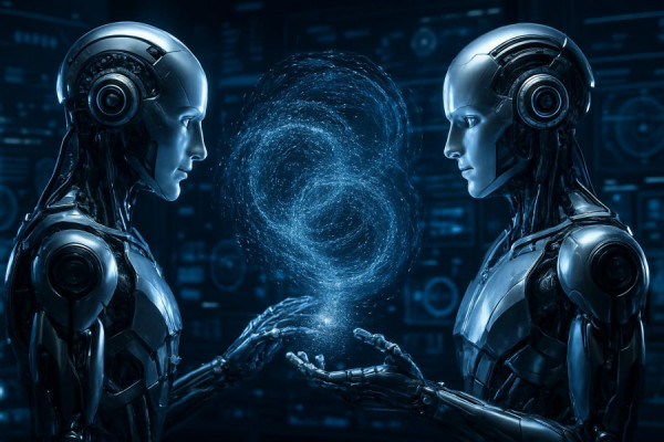 advanced AI communication, synchronized exchange, transmitting signals, photorealistic, techy room with holographic interfaces, highly detailed, swirling data particles, 16K fidelity, blue and silver hues, studio lighting, shot with a telephoto lens.