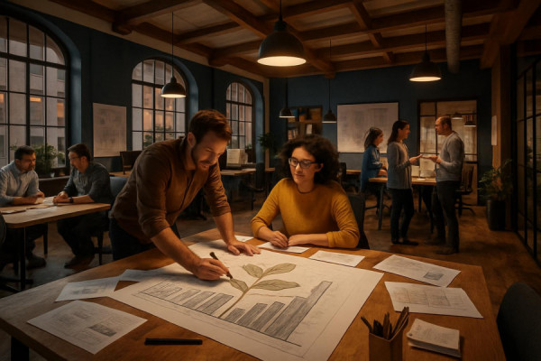 innovative growth strategy, creative, blending traditional and modern techniques, photorealistic, open-plan office with elegant architecture and brainstorming teams, highly detailed, plan drafts and sketches around, fine detail capture, warm wood tones contrasted with bold accent colors, soft evening lighting, shot with a 24mm lens.