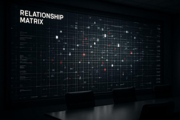 abstract relationship matrix, informative, showcasing data interconnections, photorealistic, projected on a large digital wall screen in a corporate boardroom, highly detailed, scrolling interface, extreme detail, monochrome palette with accents of red, dramatic lighting, shot with a telephoto lens