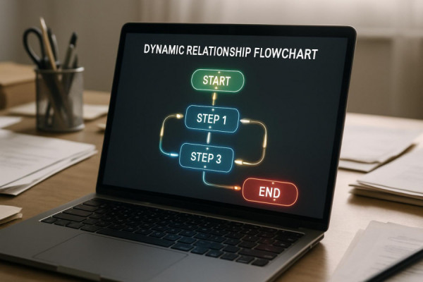dynamic relationship flowchart, explanatory, directing flows between points, photorealistic, featured on a laptop screen amidst papers and stationery on an office desk, highly detailed, animated transitions, 4k resolution, neutral tones, natural lighting, shot with a prime lens