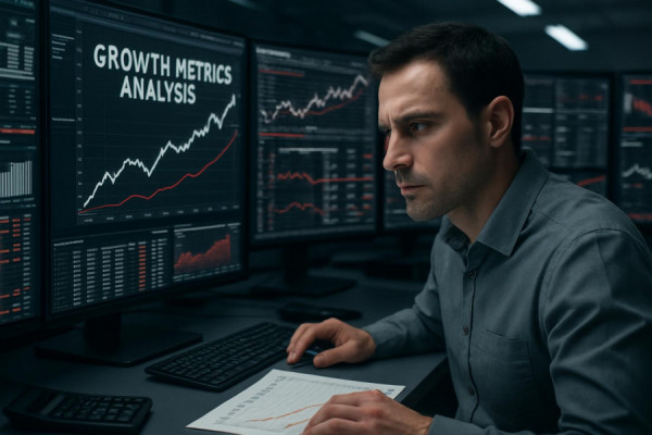 growth metrics analysis, focused, interpreting data signals, photorealistic, analytical space filled with screens and statistical tools, highly detailed, dynamic elements like scrolling data and charts, crisp and clear visuals, cool monochrome with red highlights, artificial fluorescent lighting, shot with a 70mm lens.