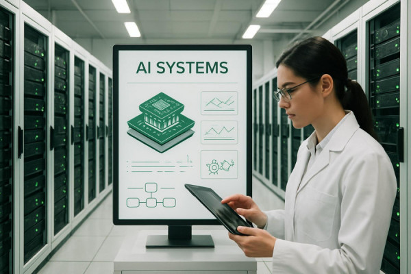 streamlined AI systems, efficient processing, optimizing tasks, photorealistic, research lab filled with servers, highly detailed, interactive elements, crystal-clear clarity, white and green palette, directional lighting, shot with a standard lens.