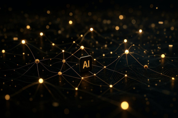 sophisticated AI network, dynamic interactivity, engaging nodes, photorealistic, digital space with floating data, highly detailed, fluctuating waves, ultra-high fidelity, black and gold theme, moody lighting, shot with a tilt-shift lens.