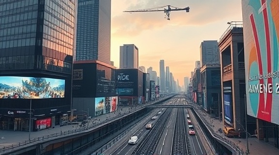 cutting-edge AI infrastructure, sleek formations, constructing frameworks, photorealistic, urban landscape with interactive billboards, highly detailed, city-vibe animations, pristine detail, reflective surfaces, twilight lighting, shot with a panorama lens.