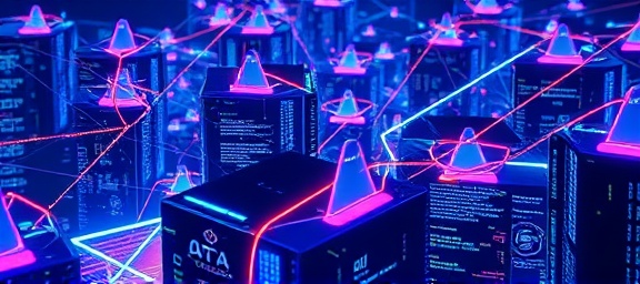 vast AI network, lively interactivity, connecting points, photorealistic, metaverse environment with digital pathways, highly detailed, bustling data streams, ultra-high resolution, iridescent colors, ambient glow, shot with a prime lens.