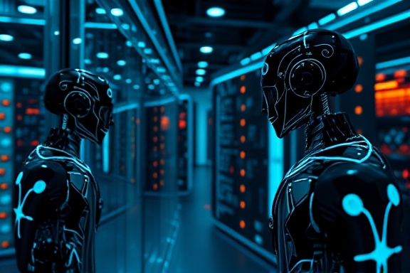 synchronized AI connectivity, smooth operations, exchanging packets, photorealistic, digital lab filled with geometric patterns, highly detailed, visual data representation, maximum resolution, contrasting colors, overcast lighting, shot with a medium telephoto lens.