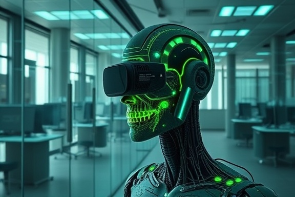 advanced AI development, determined expression, constructing neural networks, photorealistic, futuristic office with glass walls, highly detailed, virtual reality elements incorporated, 12k resolution, emerald green and graphite gray, diffused sunlight, shot with a 24mm lens.