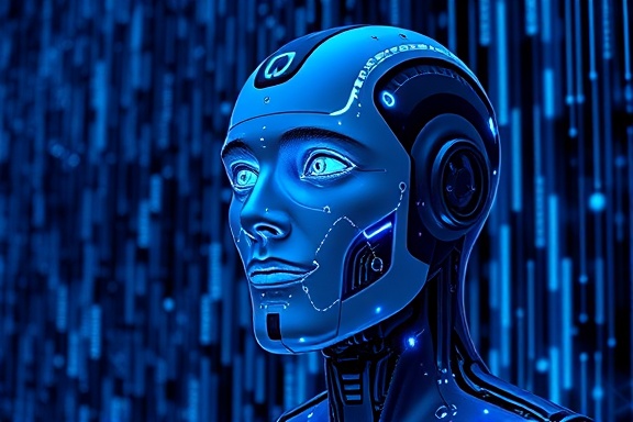 innovative AI intelligence, thoughtful expression, processing complex information, photorealistic, digital matrix background with flowing binary code, highly detailed, interactive holographic displays, 16k resolution, cobalt blue and silver, dynamic LED lighting, shot with a 85mm lens.