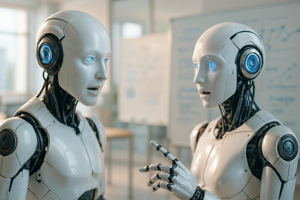 innovative AI communication, intelligent discourse, relaying signals, photorealistic, light-filled office with digital whiteboards, highly detailed, dynamic dialogue, superior clarity, pastel shades, soft backlighting, shot with a macro lens.