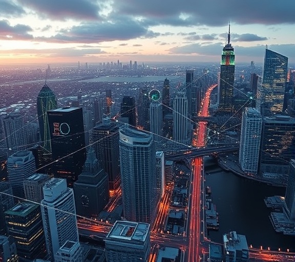 complex AI network, seamlessly flowing, mapping nodes, photorealistic, interconnected cityscape with digital overlays, highly detailed, network energy pulses, maximum detail, vibrant hues, soft shadows, shot with a telephoto lens.