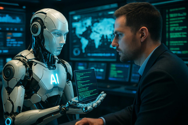 revolutionary AI communication, high-tech interaction, delivering codes, photorealistic, modern command center with LED panels, highly detailed, live feed elements, ultra-real clarity, cybernetic colors, ambient light, shot with a depth-of-field lens.