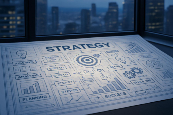intricate strategy blueprint, comprehensive, laying out step-by-step plans, photorealistic, with a cityscape in the background viewed through a window, highly detailed, blue lines on white paper, high quality, monochrome and blue, evening indoor lighting, shot with a 85mm lens