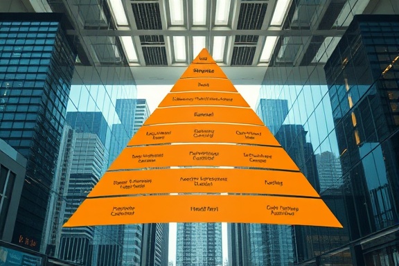 strategy levels chart, hierarchical, highlighting different organizational tiers, photorealistic, surrounded by urban skyscrapers visible through glass walls, highly detailed, tiered levels and annotations, sharp contrast, earthy tones, fluorescent overhead lighting, shot with a 100mm lens