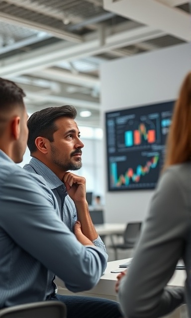 advanced meeting analysis, thoughtful expression, evaluating complex graphs, photorealistic, bright coworking space with open floor plan and digital dashboards, highly detailed, pixels streaming in the air, 8K resolution, neutral grays, natural lighting, shot with a 35mm lens.