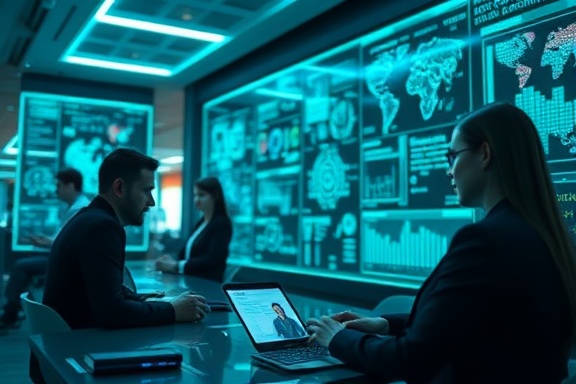 cutting-edge meeting data, engaged expression, sorting through interactive charts, photorealistic, cyber-themed hub with holographic screens floating, highly detailed, bits and bytes floating, high resolution, futuristic teal shades, pinpoint lighting, shot with a 24mm lens.