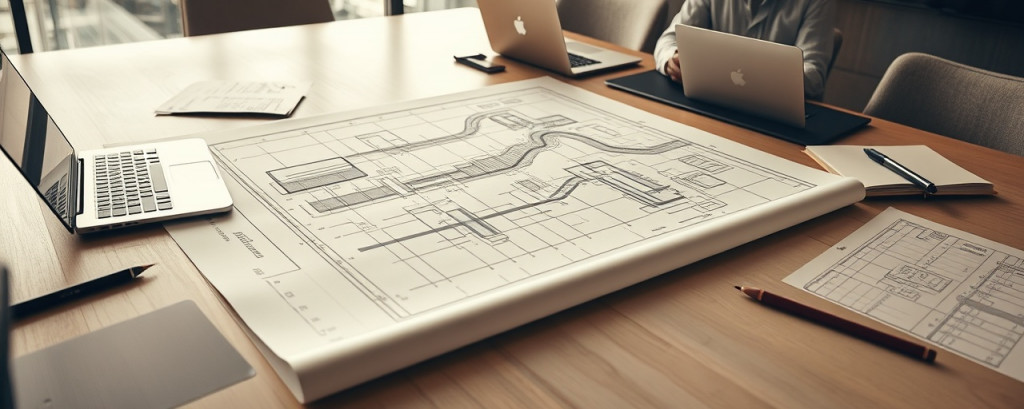 sophisticated strategy blueprint, analytical, drafting business models, photorealistic, on a meeting room table with laptops and papers, highly detailed, architect-style with measurements and diagrams, rich and sharp, sepia tones, soft ambient lighting, shot with a 75mm lens