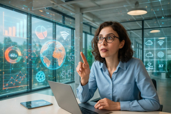 intelligent meeting technology, curious expression, utilizing augmented reality, photorealistic, spacious and airy innovation center with smart glass and IoT components, highly detailed, flickering digital overlays, vivid resolution, bright and colorful, soft diffuse lighting, shot with a 28-70mm lens.