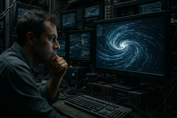 efficient automation setup, contemplation, monitoring systems, photorealistic, cluttered control room with screens and servers, highly detailed, swirling data streams, 8K resolution, metallic grays, soft ambient lighting, shot with a macro lens.